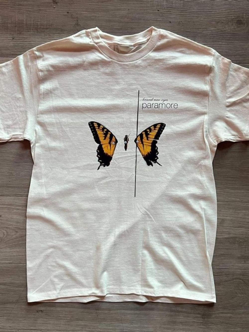 Gildan White Paramore Butterfly Graphic Short Sleeve Tee - Yellow/Black Print